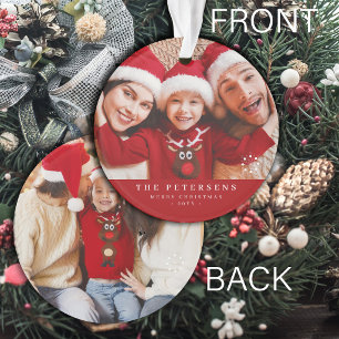 Custom 2 family photos double sided red Christmas Ornament