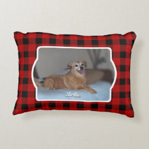 Custom 2 Pet Photo Country Red Buffalo Check Plaid Decorative Cushion