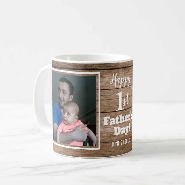 Custom 2 Photo 1st Father's Day Rustic Wood Coffee Mug (Front Left)
