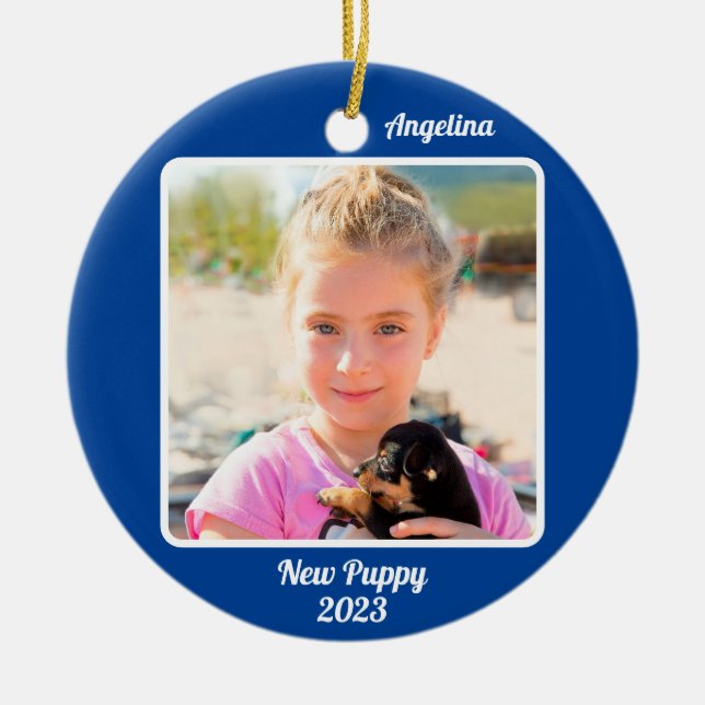 Custom 2-Photo 2 Sided Blue Events Milestones Ceramic Tree Decoration (Front)