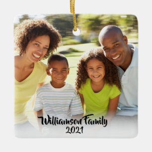 Custom 2 Photo 2 Sided Family Photo Black Script Ceramic Ornament