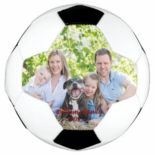 Custom 2 Photo 2 Sided Family Photo Black Script Soccer Ball