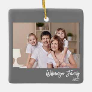 Custom 2-Photo 2-sided Family Photo Simple Grey Ceramic Ornament