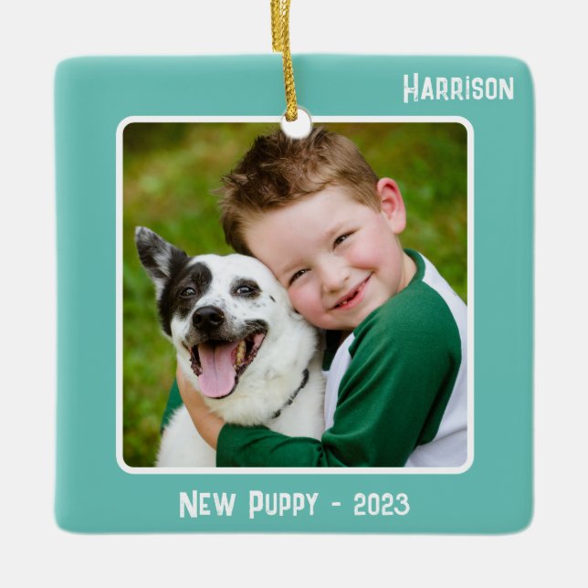 Custom 2-Photo 2 Sided Teal Event Milestone Ceramic Ornament (Front)