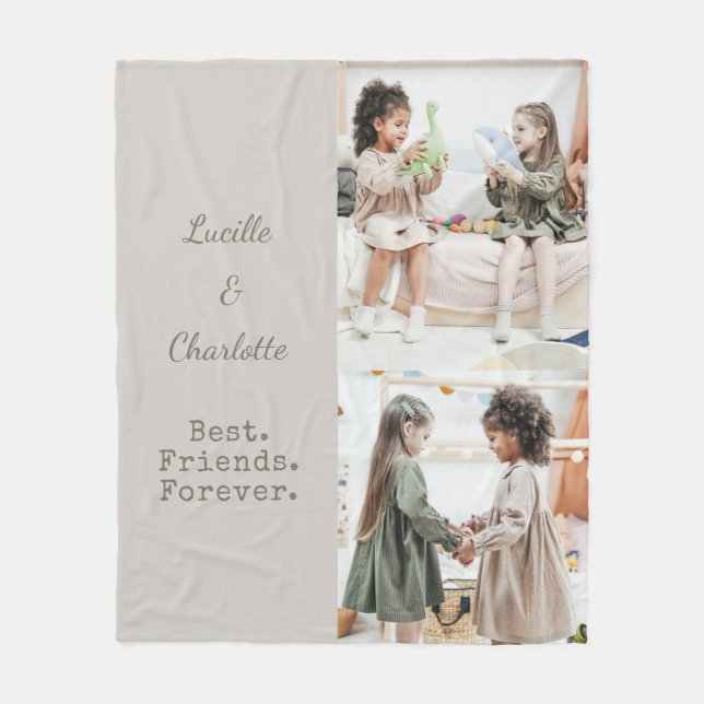 Custom 2 Photo Best Friends Sage Taupe Names Fleece Blanket (Front)