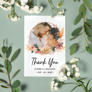 Custom 2 Photo   Boho Floral Wildflower Wedding  Thank You Card