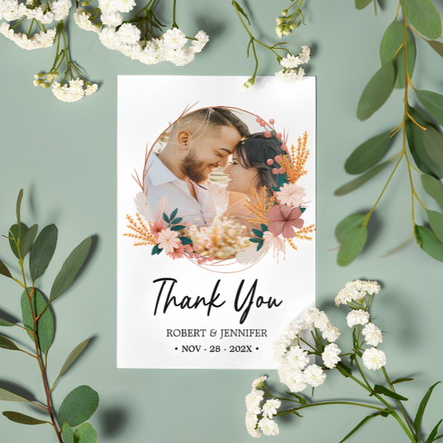Custom 2 Photo | Boho Floral Wildflower Wedding  Thank You Card (Boho Floral Wildflower Wedding Thank You Card
)