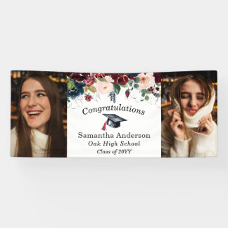Custom 2 Photo Burgundy Floral Graduation Banner