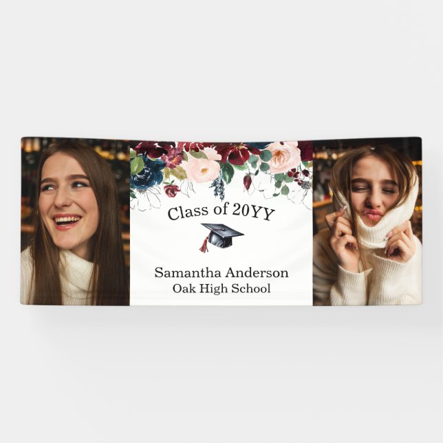Custom 2 Photo Burgundy Floral Graduation Banner (Horizontal)