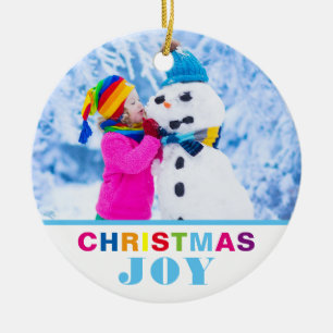 Custom 2 Photo Christmas Joy Modern Colourful Ceramic Tree Decoration