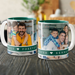 Custom 2 Photo Collage Family Name Quote Green Two-Tone Coffee Mug