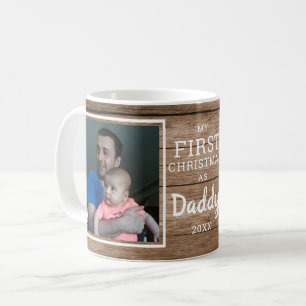 Custom 2 Photo Daddy's First Christmas Rustic Wood Coffee Mug