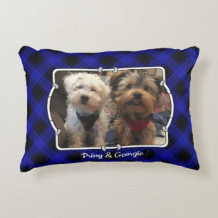 Custom 2 Photo Frame Blue & Black Plaid Decorative Cushion