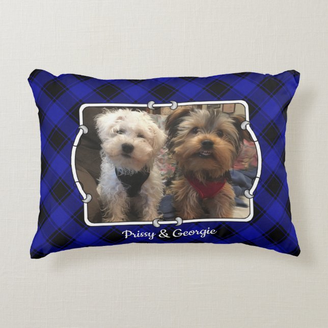 Custom 2 Photo Frame Blue & Black Plaid Decorative Cushion (Front)