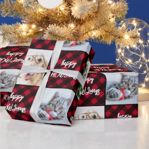 Custom 2 Photo Happy HOWLidays Red Buffalo Plaid Wrapping Paper