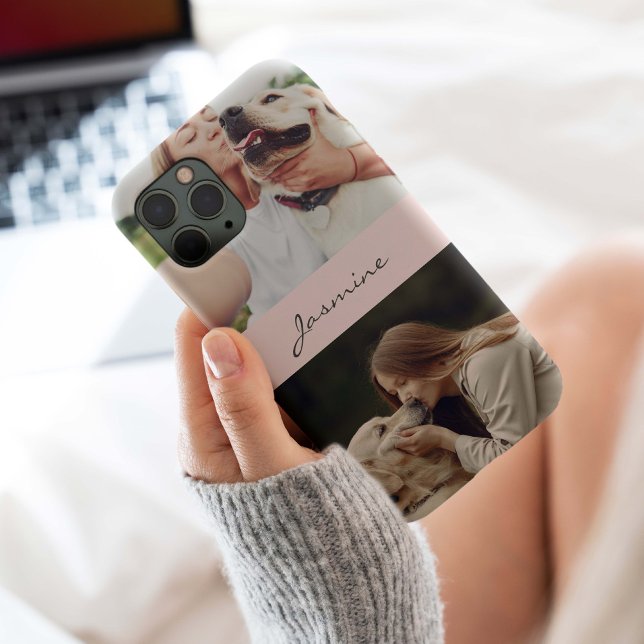 Custom 2 Photo Pet Dog Lover Blush Pink Script Case-Mate iPhone Case (Pet photo collage monogram with rustic dark wood background. Keep your pet photos with you.)