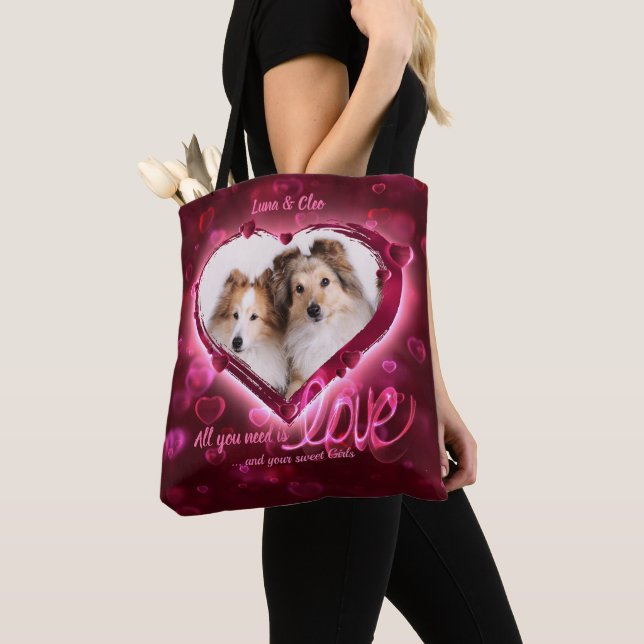 Custom 2 Photo, Pet Love Red & Blue Neon Hearts - Tote Bag (Close Up)