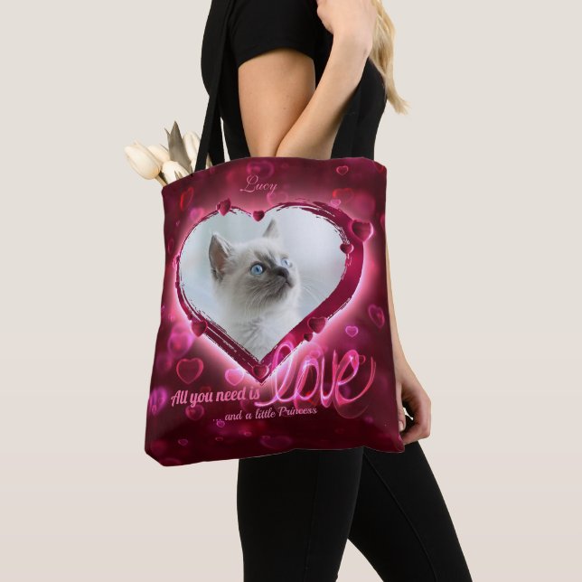 Custom 2 Photo, Pet Love Tribute Red Neon Hearts - Tote Bag (Close Up)
