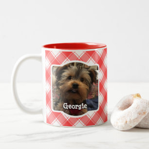 Custom 2 Photo Red & White Country Farmhouse Plaid Two-Tone Coffee Mug