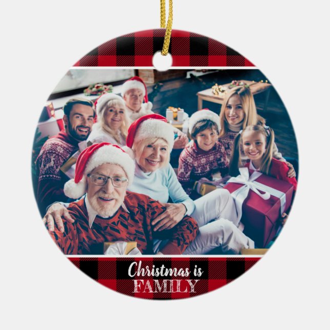 Custom 2 Photo Rustic Red Buffalo Plaid Ceramic Tree Decoration (Front)