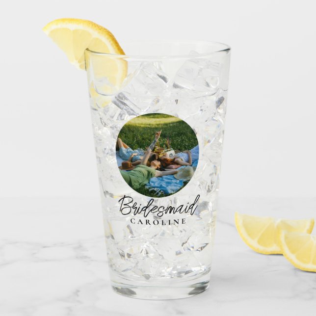 Custom 2 Photo Stylish Script Bridesmaid Gift Glass (Front Ice)