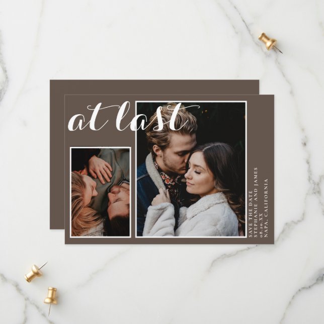 Custom 2 photos at last brown save the date (Front/Back In Situ)