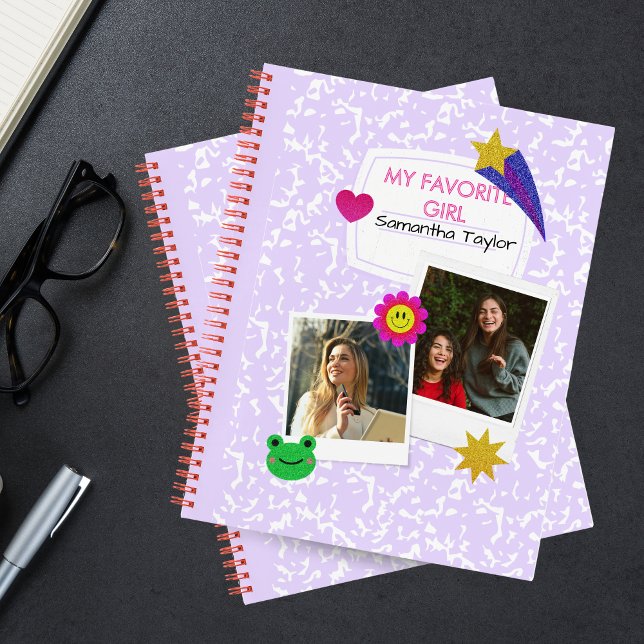 Custom 2 Photos Collage Notebook with Script Name  (Custom Photo Collage Notebook with Modern Script Name)