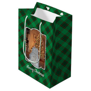 Custom 2 Photos Pet Christmas Red & Green Plaid Medium Gift Bag