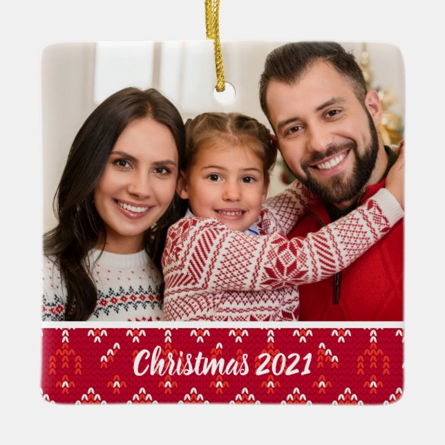 Custom 2-Sided Family Photo Nordic Christmas Ceram Ceramic Ornament (Front)