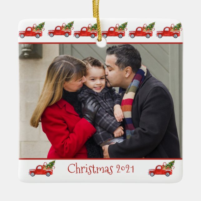 Custom 2-Sided Family Photo Red Truck Christmas Ceramic Ornament (Front)