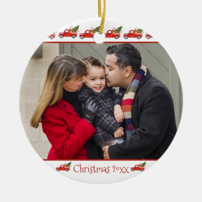 Custom 2-Sided Family Photo Red Truck Christmas Ceramic Tree Decoration (Front)