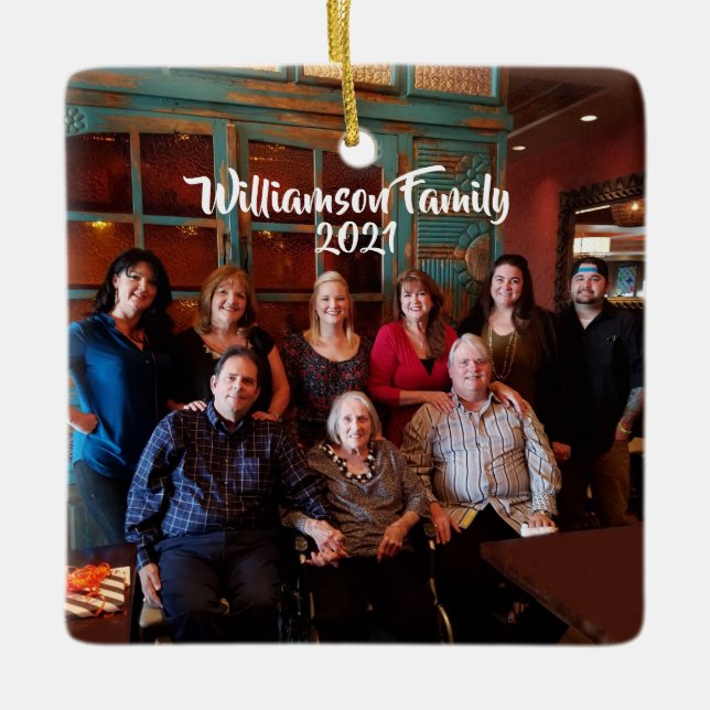 Custom 2-sided Family Photo White Script Christmas Ceramic Ornament (Front)