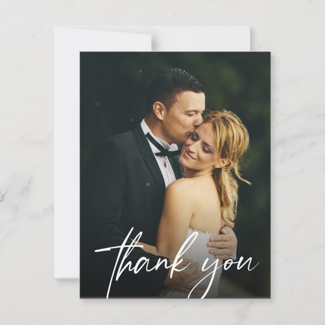 Custom 2 Wedding Photos Simple Modern script  Thank You Card (Front)
