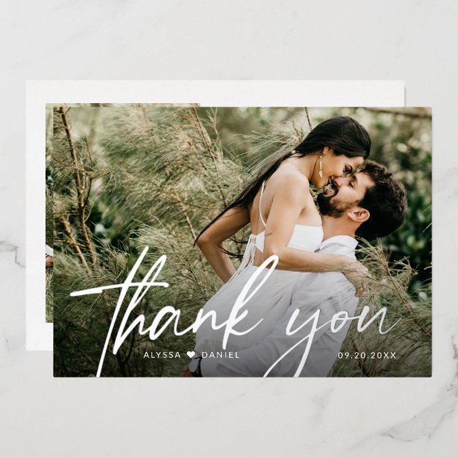 Custom 2 Wedding photos Thank you Script Silver (Front/Back)
