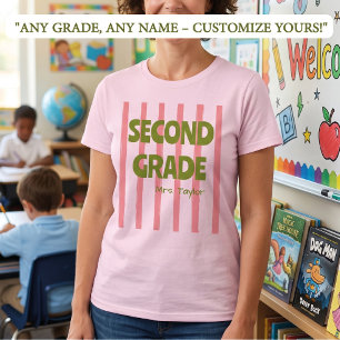 Custom 2nd Grade School Stripes Teacher Name Pink T-Shirt
