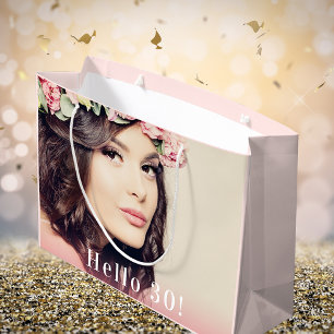 Custom 30th birthday photo hello 30 rose gold large gift bag
