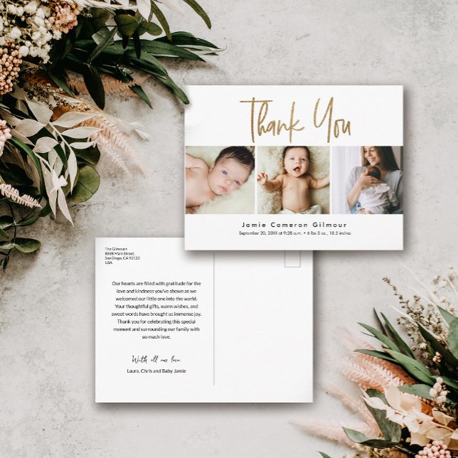  Custom 3 Baby Photos Gold Script birth Thank you Postcard (Gold Script thank you 3 photo birth announcement shower thank you postcards.)