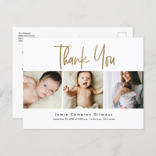  Custom 3 Baby Photos Gold Script birth Thank you Postcard