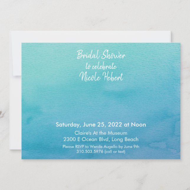 Custom 3 Blue/Teal Ombre Watercolor Bridal Shower Invitation (Front)