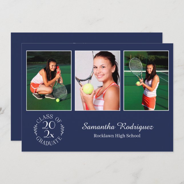 Custom 3 Photo Chic Emblem Navy Graduation Party Invitation (Front/Back)