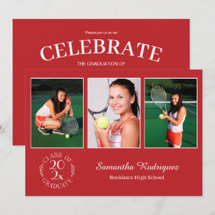 Custom 3 Photo Chic Emblem Red Graduation Party Invitation