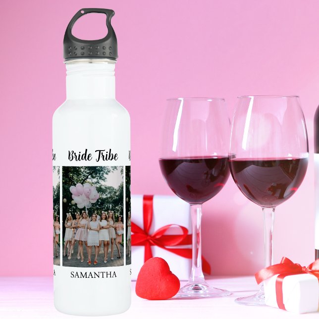 Custom 3 photo collage Bride Tribe Bridesmaid name 710 Ml Water Bottle (Creator Uploaded)