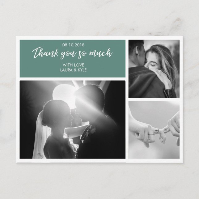 Custom 3 Photo Collage Emerald Wedding Thank You Postcard (Front)
