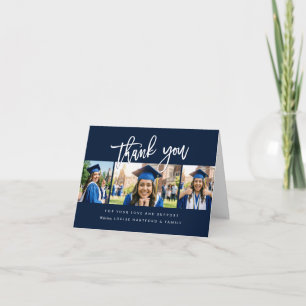 Custom 3 Photo Collage Navy Blue Graduation Thank You Card