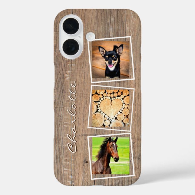 Custom 3 Photo Collage Rustic Wood Monogram Name Case-Mate iPhone Case (Back)