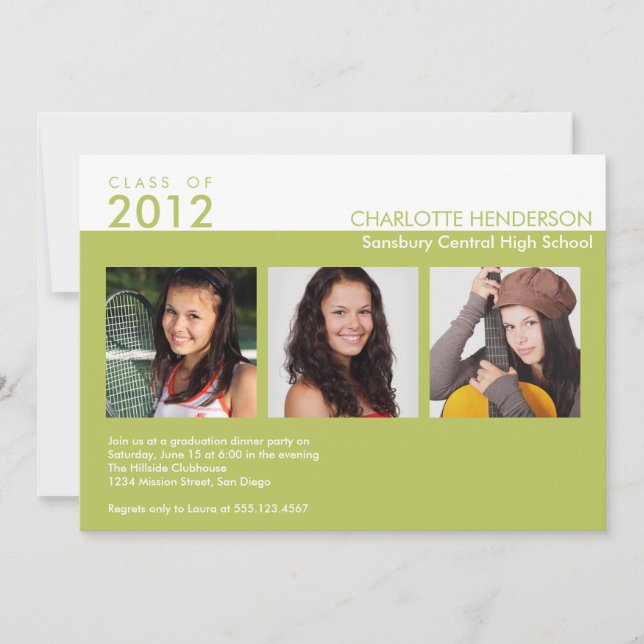 Custom 3 photo green graduation class invitation (Front)