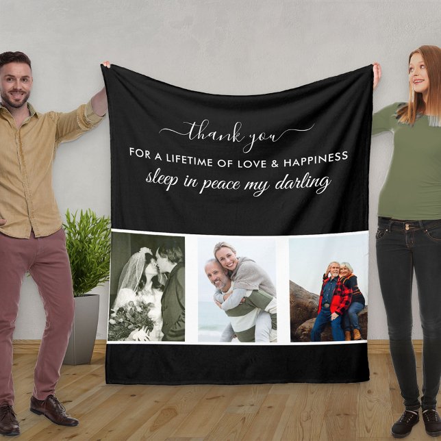 Custom 3 Photo Grid In Loving Memory Black Fleece Blanket (Creator Uploaded)