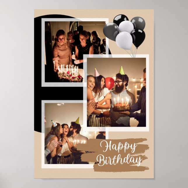 Custom 3 Photo Happy Birthday Collage  Poster (Front)