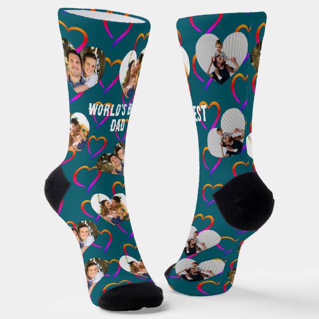 Custom 3 Photo Hearts Collage Best Dad Ever  Socks (Angled)