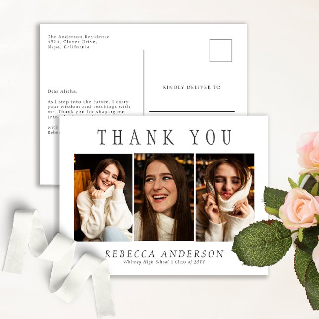 Custom 3 Photo Minimalist Graduation Thank You Postcard (Creator Uploaded)